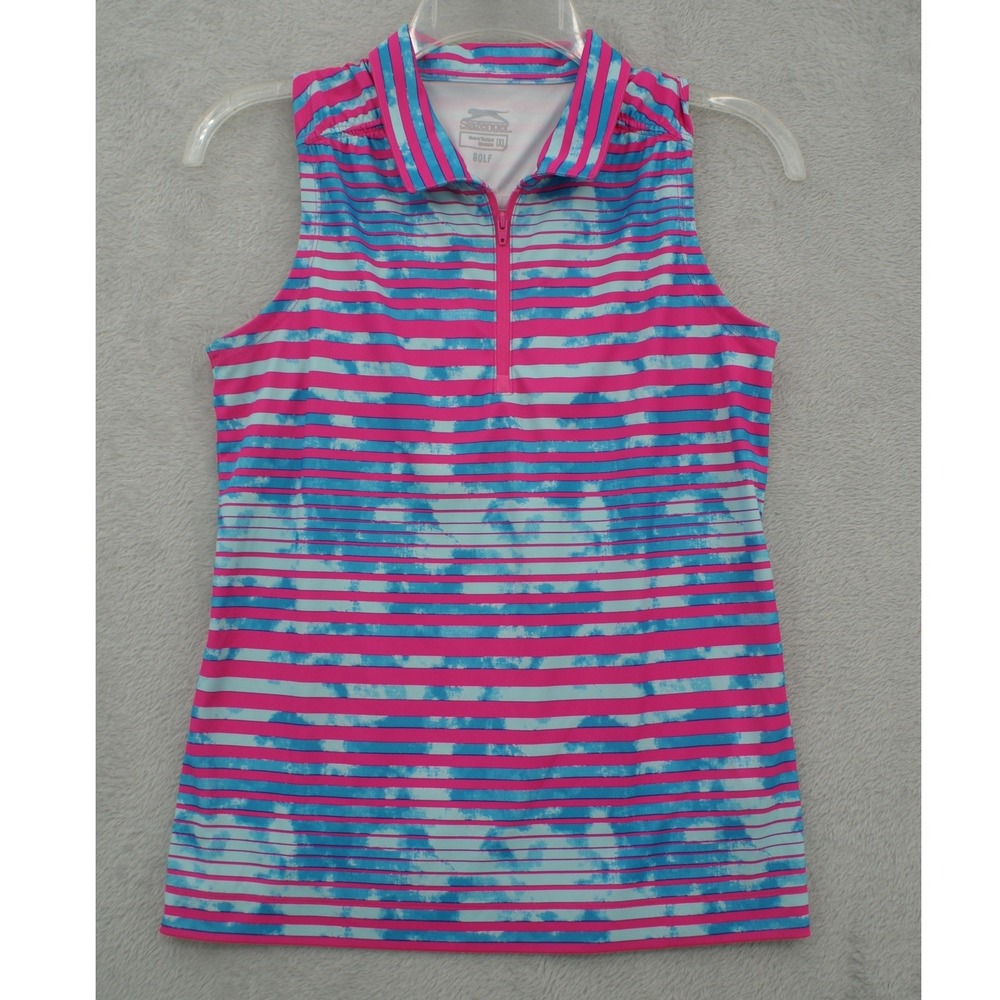 Slazenger Golf Womens XL Sleeveless Polo Shirt Pink Blue Striped Quarter Zip Top - Picture 1 of 8